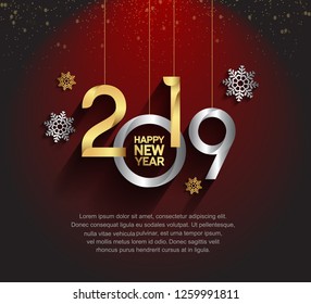 Happy new year 2019. Vector illustration design gold and silver color hanging with snowflakes for celebration