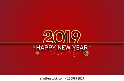 Happy new year 2019. Vector illustration design line style golden color with snowflakes on red background