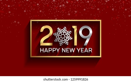 Happy new year 2019. Vector illustration design silver and golden color with snowflake on red background for celebration