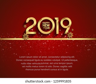 Happy new year 2019. Vector illustration design red background with golden color and snowflakes for celebration
