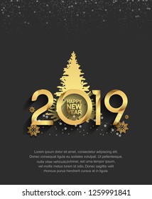Happy new year 2019. Vector illustration design with Christmas tree golden color and snowflakes for celebration