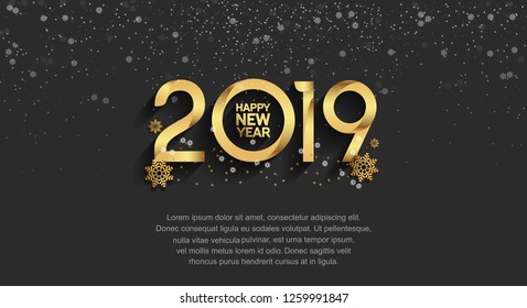Happy new year 2019. Vector illustration design golden color with snowflakes on black background
