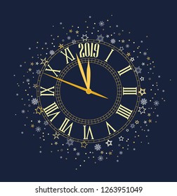 Happy New Year 2019, vector illustration Christmas background with clock showing year
