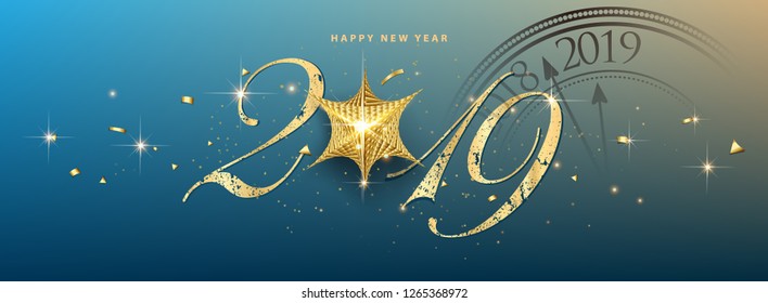happy new year 2019 vector greeting card and poster design with clock and star. - Vector - Vector - Vector