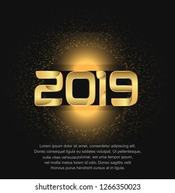 Happy new year 2019. Vector illustration design with golden color on black round glitter background