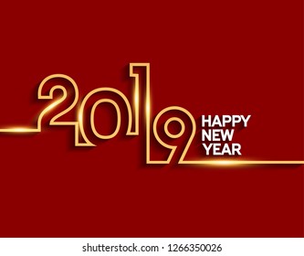 Happy new year 2019. Vector illustration design with line style golden color on red background