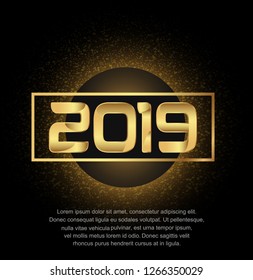 Happy new year 2019. Vector illustration design with golden color on square isolated black round glitter background