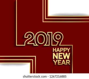 Happy new year 2019. Vector illustration design line style gold color on red and white background