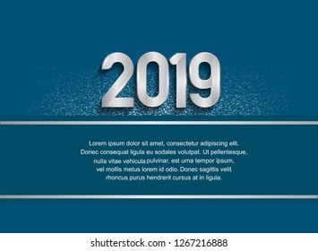 Happy new year 2019. Vector illustration design silver color with glitter on blue background for celebration