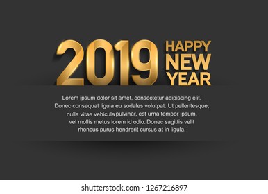 Happy new year 2019. Vector illustration design golden color isolated on dark background for holiday