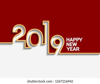 Happy new year 2019. Vector illustration design with golden line style with red and white background