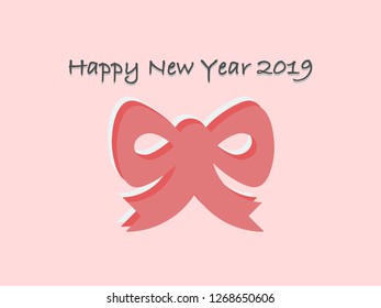 Happy New Year 2019 vector card with a bow on a pink background