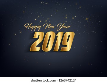 Happy New Year 2019 . Vector greeting illustration with golden numbers and dark background. Illustrations. Template design