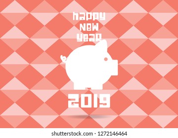 Happy New Year 2019, Vector, Illustration piggy on pink background For New Year's Day Cards. EPS 10, living coral, Trend 2019