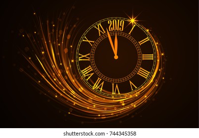 Happy New Year 2019, vector illustration Christmas background with clock showing year