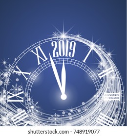 Happy New Year 2019, vector illustration Christmas background with clock showing year