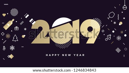 Happy New Year 2019. Vector illustration concept for background, greeting card, website and mobile website banner, party invitation card, social media banner, marketing material.