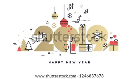 Happy New Year 2019. Vector illustration concept for background, greeting card, website and mobile website banner, party invitation card, social media banner, marketing material.