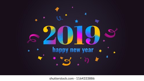 Happy new year 2019. Vibrant colorful vector illustration with 
serpentine and confetti on dark background
