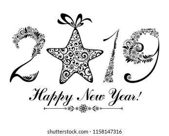 Happy new year 2019! Vintage card. Celebration white background with Christmas star and place for your text.  Vector Illustration 