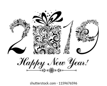 Happy new year 2019! Vintage card. Celebration white background with Christmas gift box, deer, snowflakes, stars and place for your text. Vector Illustration