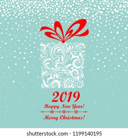 Happy new year 2019! Vintage card. Celebration mint background with Christmas gift box, deer, snowflakes, stars and place for your text. Vector Illustration