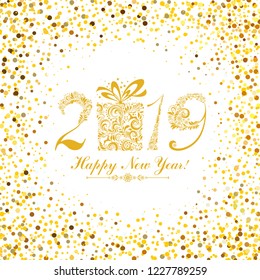 Happy new year 2019! Vintage card. Celebration white background with gold Christmas gift box, deer, snowflakes, stars and place for your text. Gift box with ribbon. Sale. Fileworks, Lights. Vector