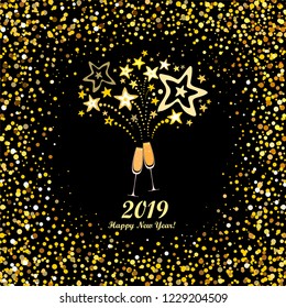 Happy new year 2019! Vintage card. Celebration black background withTwo Glasses of champagne, firework and place for your text. Holidays Background with a gold glitter and lettering.  Vector