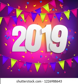Happy New Year 2019 violet background with coljred flags garland and confetti. Greeting card design celebration. Vector illustration
