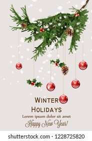 Happy New Year 2019 watercolor card Vector. Winter Holidays Christmas balls decors