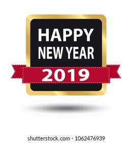 Happy New Year 2019 Web Button With Ribbon - Vector Illustration