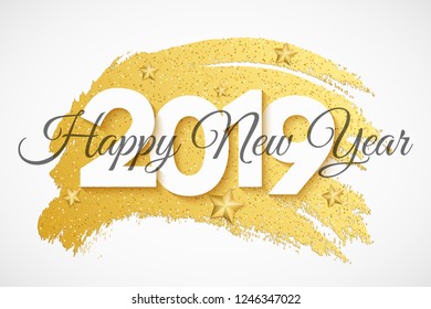 Happy New Year 2019 web banner. 3d Numbers. Banner in grunge style. Christmas gold stars, lollipops and serpentine. Luxury holiday brochure. Vector illustration. EPS 10