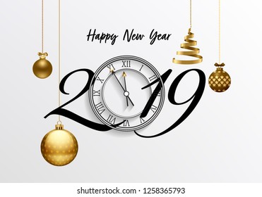 Happy New Year 2019 - New Year white background with clock and lettering 2019 number