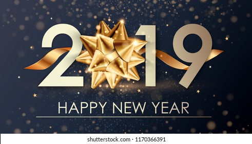 Happy New Year 2019 winter holiday greeting card design template. Party poster, banner or invitation gold glittering stars confetti glitter decoration. Vector background with golden gift bow