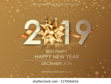 Happy New Year 2019 winter holiday greeting card design template. Party poster, banner or invitation gold glittering stars confetti glitter decoration. Vector background with golden gift bow