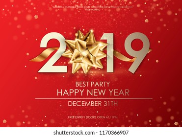 Happy New Year 2019 winter holiday greeting card design template. Party poster, banner or invitation gold glittering stars confetti glitter decoration. Vector background with golden gift bow