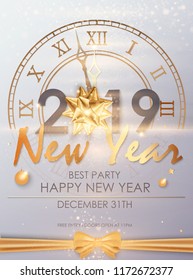 Happy New Year 2019 winter holiday greeting card design template. Party poster, banner or invitation gold glittering stars confetti glitter decoration. Vector background with golden gift bow