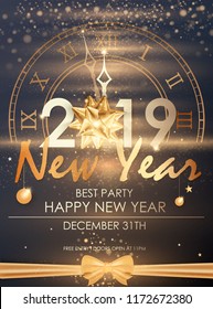 Happy New Year 2019 winter holiday greeting card design template. Party poster, banner or invitation gold glittering stars confetti glitter decoration. Vector background with golden gift bow