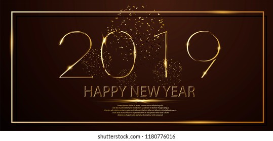 Happy New Year 2019 winter holiday greeting card design template. Party poster, banner or invitation gold glittering stars confetti glitter decoration. Vector background for happy new year 