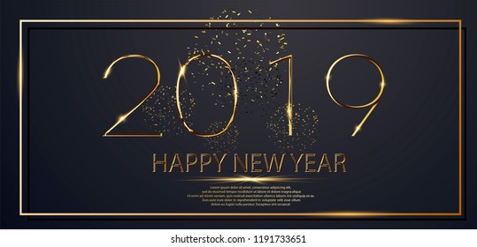 Happy New Year 2019 winter holiday greeting card design template. Party poster, banner or invitation gold glittering stars confetti glitter decoration. Vector background with golden gift bow