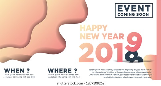 Happy New Year 2019 winter holiday greeting card design template. Party poster, banner or invitation. Vector background with gradient style