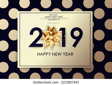 Happy New Year 2019 winter holiday greeting card design template. Party poster, banner or invitation gold glittering stars confetti glitter decoration. Vector background with golden gift bow