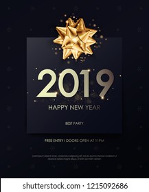 Happy New Year 2019 winter holiday greeting card design template. Party poster, banner or invitation gold glittering stars confetti glitter decoration. Vector background with golden gift bow