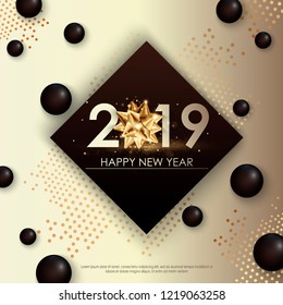 Happy New Year 2019 winter holiday greeting card design template. Party poster, banner or invitation gold glittering stars confetti glitter decoration. Vector background with golden gift bow