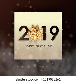 Happy New Year 2019 winter holiday greeting card design template. Party poster, banner or invitation gold glittering stars confetti glitter decoration. Vector background with golden gift bow