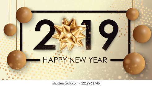 Happy New Year 2019 winter holiday greeting card design template. Party poster, banner or invitation gold glittering stars confetti glitter decoration. Vector background with golden gift bow
