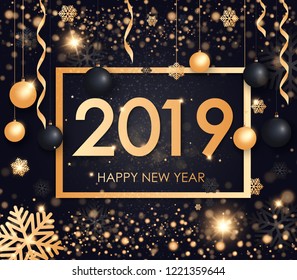 Happy New Year 2019 winter holiday greeting card design template. Party poster, banner or invitation gold glittering stars confetti glitter decoration. Vector background with golden gift bow