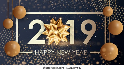 Happy New Year 2019 winter holiday greeting card design template. Party poster, banner or invitation gold glittering stars confetti glitter decoration. Vector background with golden gift bow