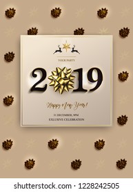 Happy New Year 2019 winter holiday greeting card design template. Party poster, banner or invitation. Luxury Vector background with golden gift bow