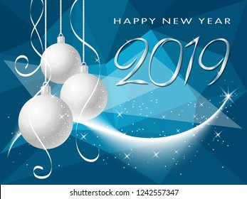 Happy New Year 2019 winter holiday greeting card with Christmas balls.